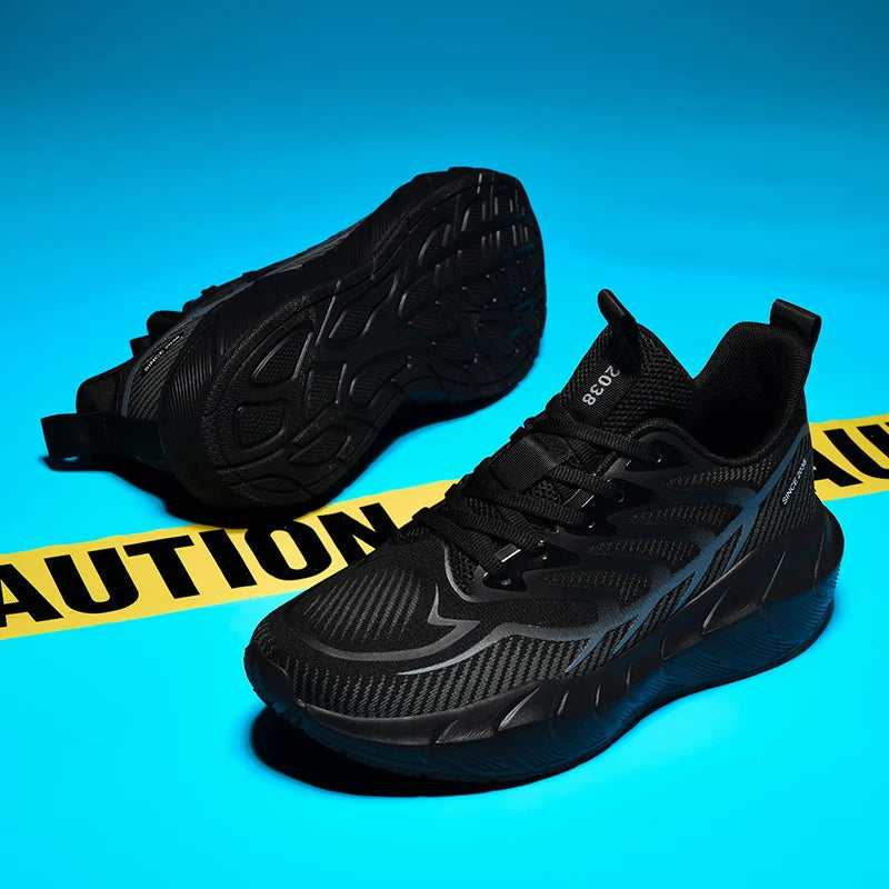 Black athletic shoes on a blue background with yellow caution tape.