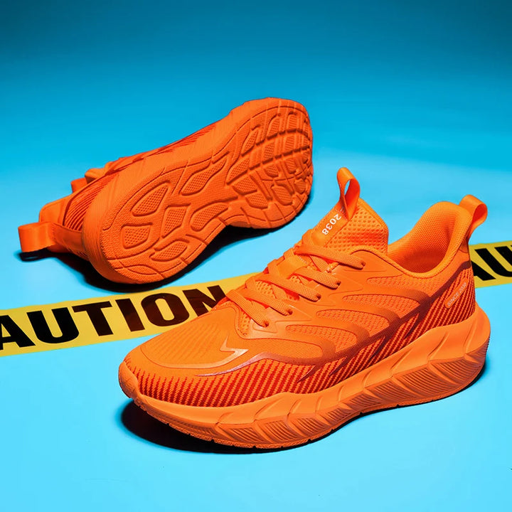 Orange sneakers on a blue background with caution tape