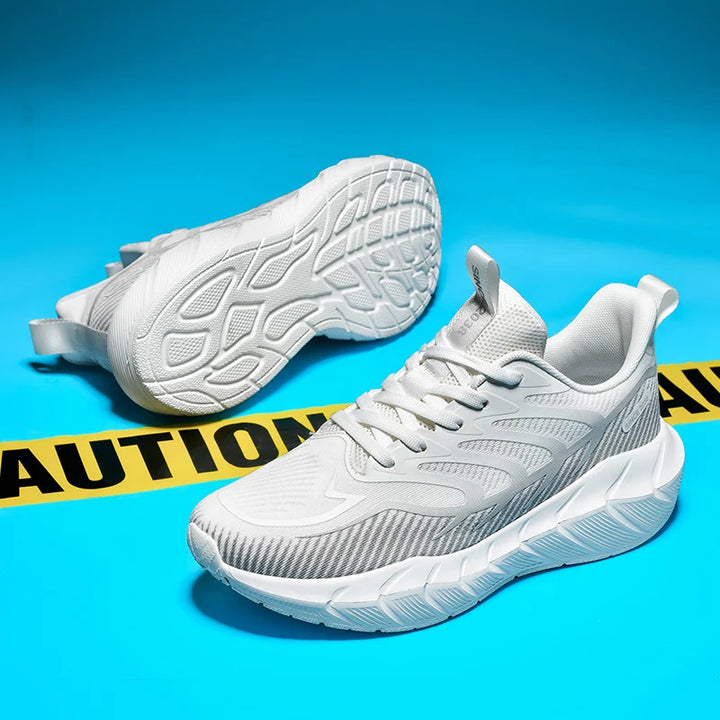 White sneakers on a blue background with yellow caution tape