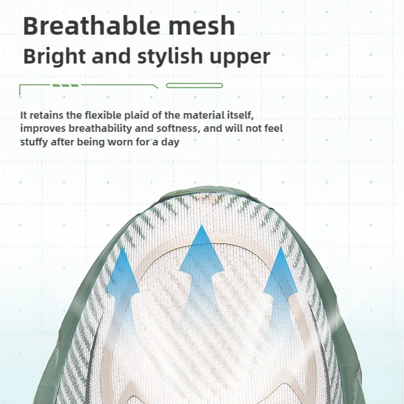 Shoe mesh design with text highlighting breathable properties and stylish appearance.