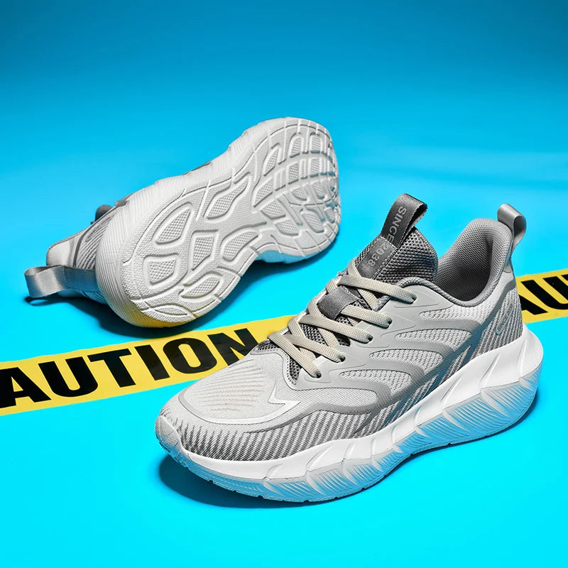 Gray and white sneakers on a blue background with caution tape.