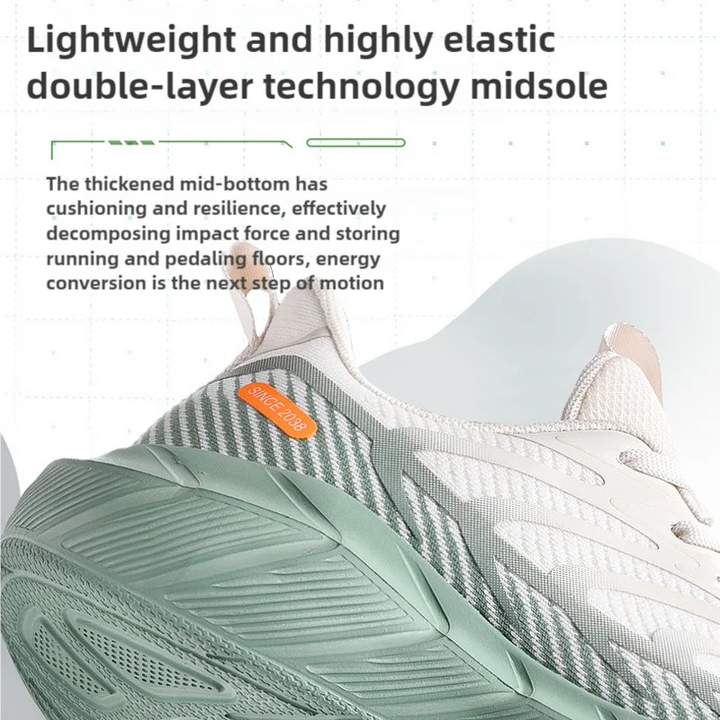 Close-up of a shoe with text about its midsole technology on a white background