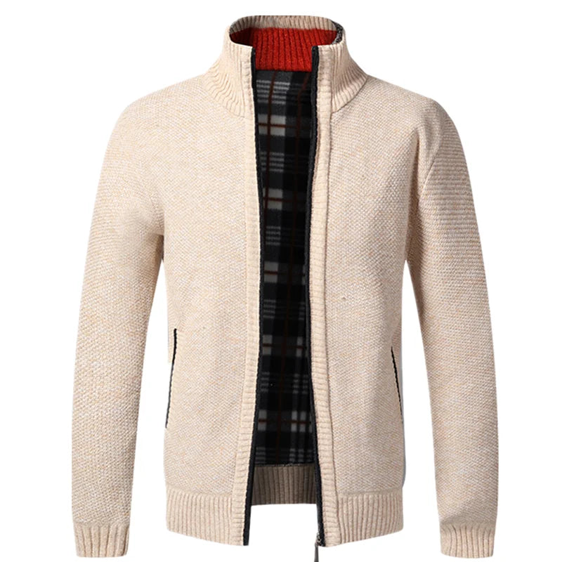 Beige cardigan with plaid pattern on a white background