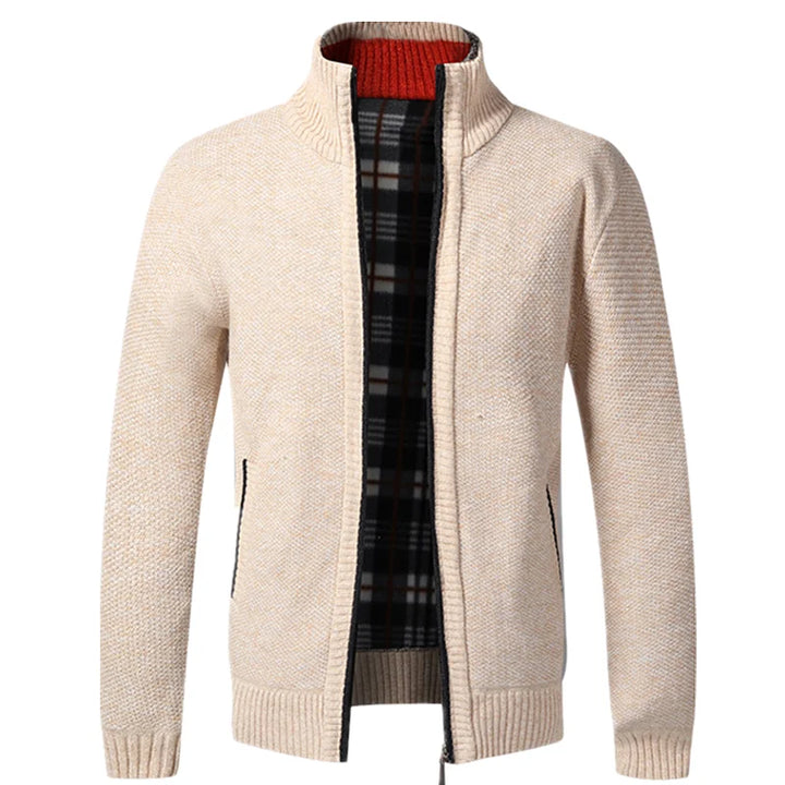 Beige cardigan with plaid pattern on a white background