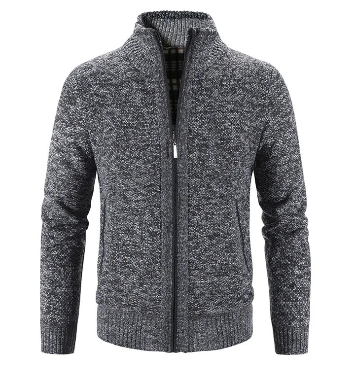Gray knitted jacket with a zipper on a white background