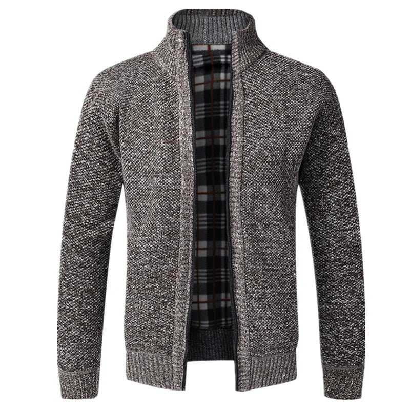 Gray knitted cardigan with plaid lining on a white background