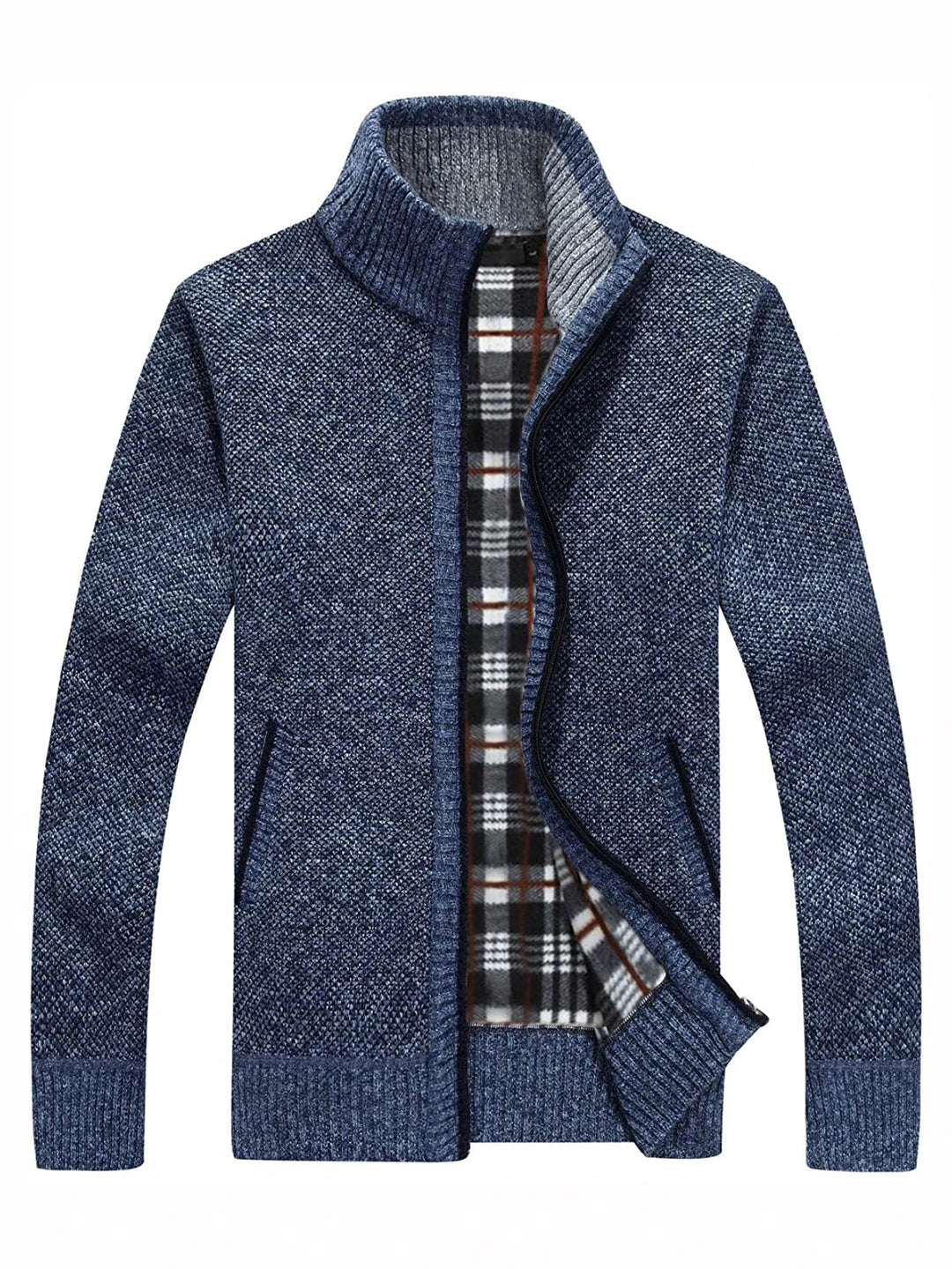 Blue sweater with plaid lining on a white background