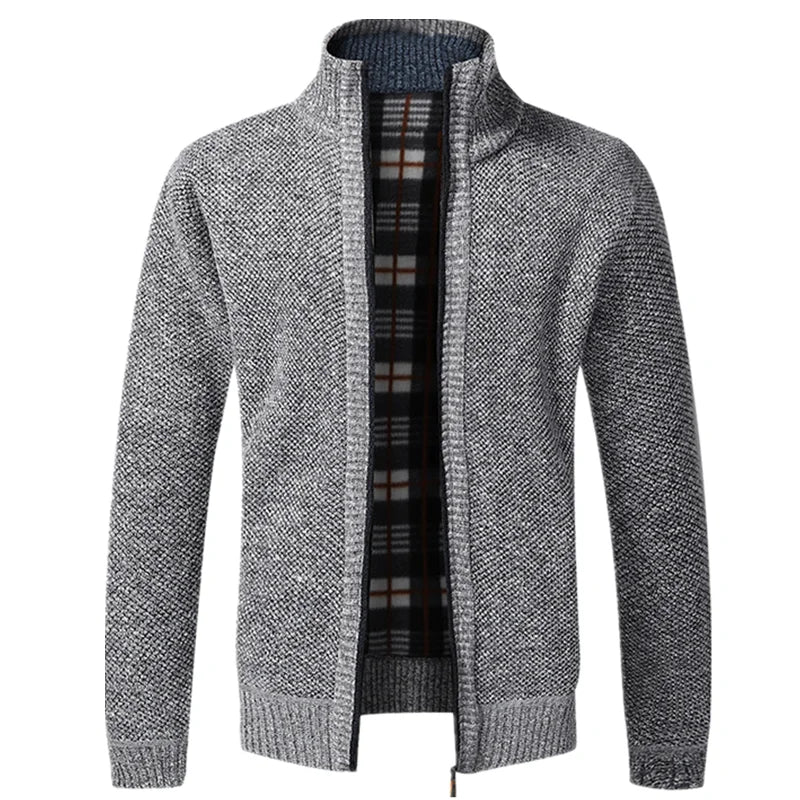 Gray knitted cardigan with plaid lining on a white background