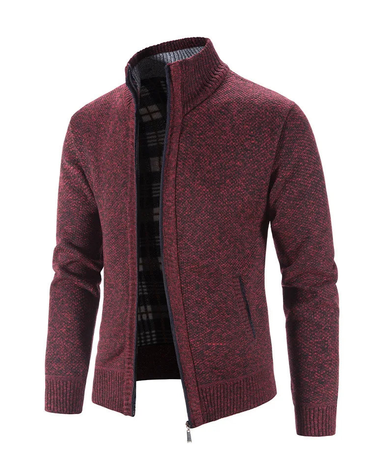 Maroon knitted cardigan on a white background