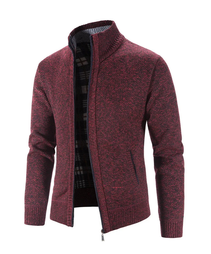 Maroon knitted cardigan on a white background