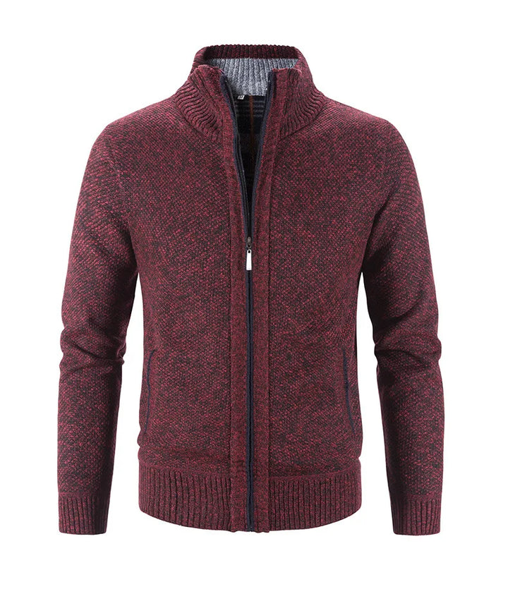 Maroon knitted jacket with a zipper on a white background