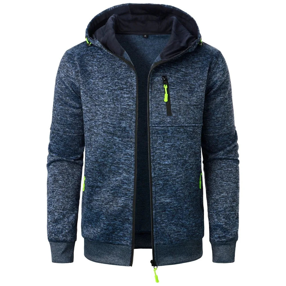 Blue hooded jacket with green zippers on a white background