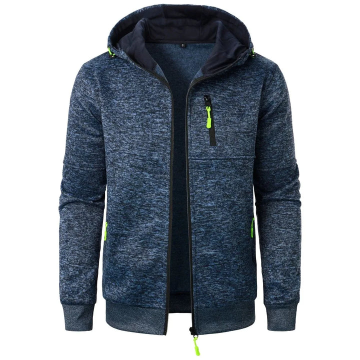 Blue hooded jacket with green zippers on a white background