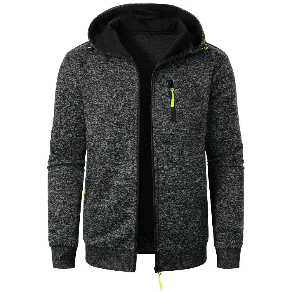 Gray hoodie with black lining and yellow zipper on a white background