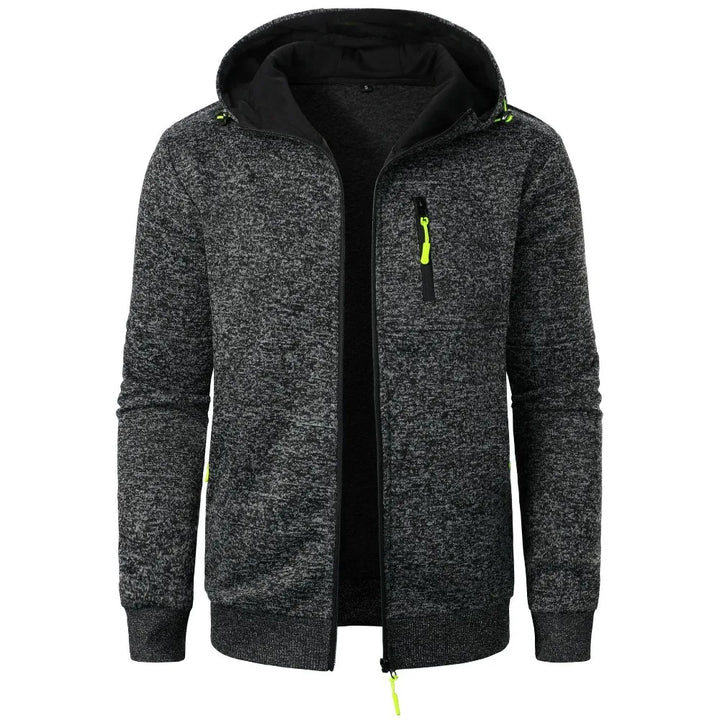 Gray hoodie with black lining and yellow zipper on a white background