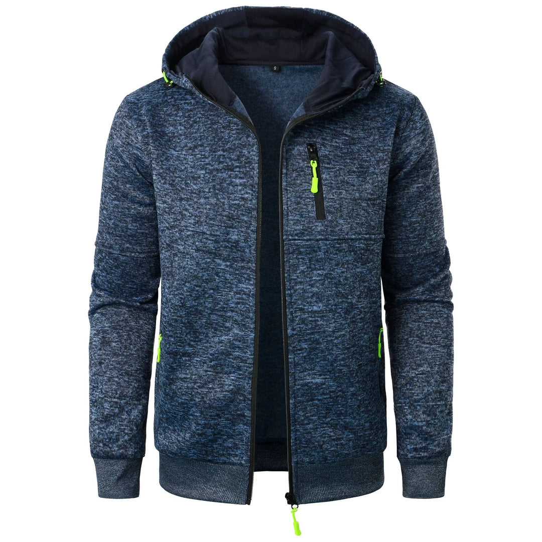 Blue hooded jacket with green zippers on a white background