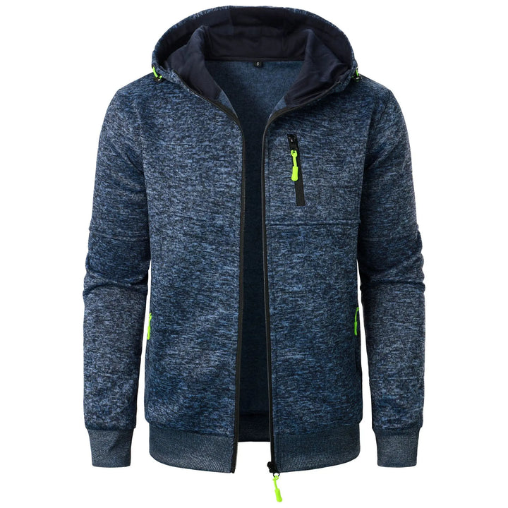 Blue hooded jacket with green zippers on a white background