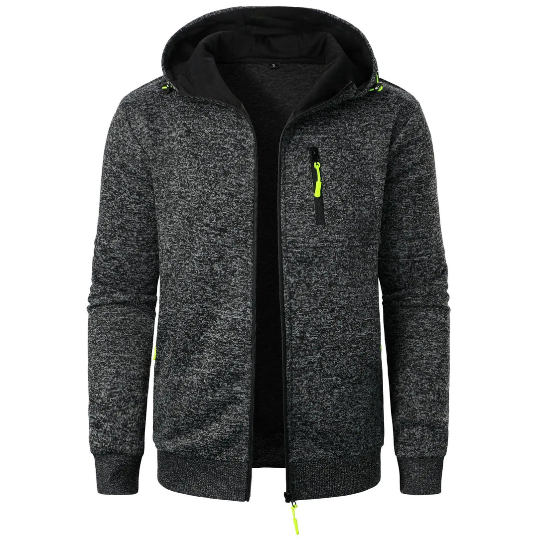 Gray hoodie with black lining and neon green zippers on a white background