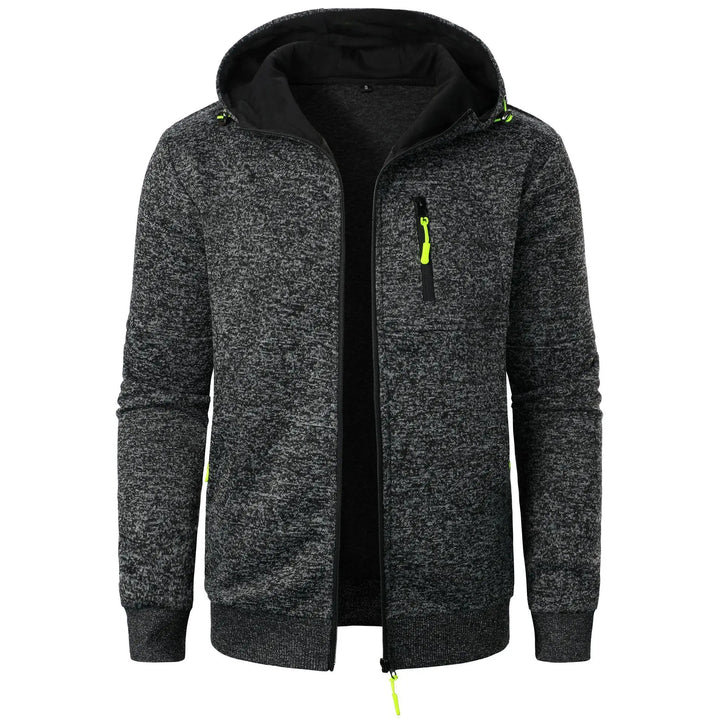 Gray hoodie with black lining and neon green zippers on a white background