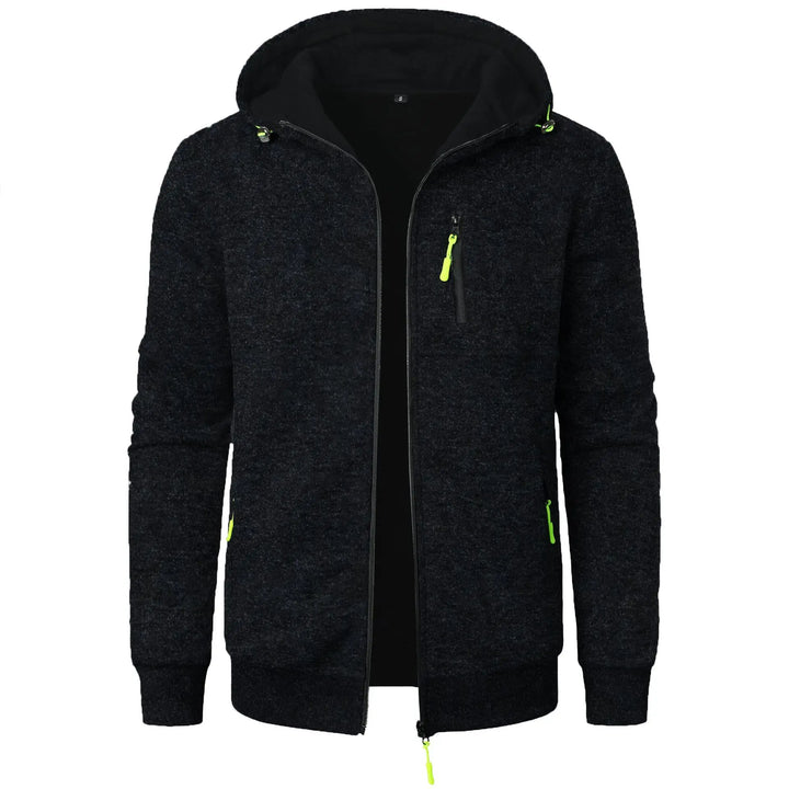 Dark gray hoodie with neon green zippers on a white background