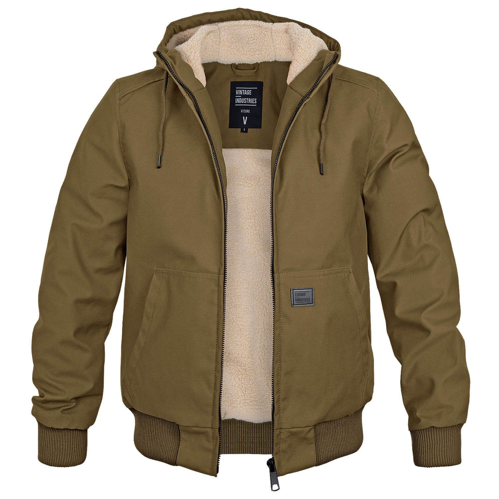 Khaki jacket with a hood on a white background