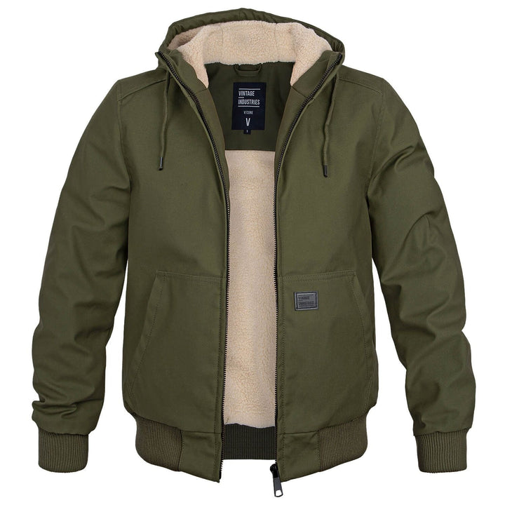 Green jacket with beige lining on a white background