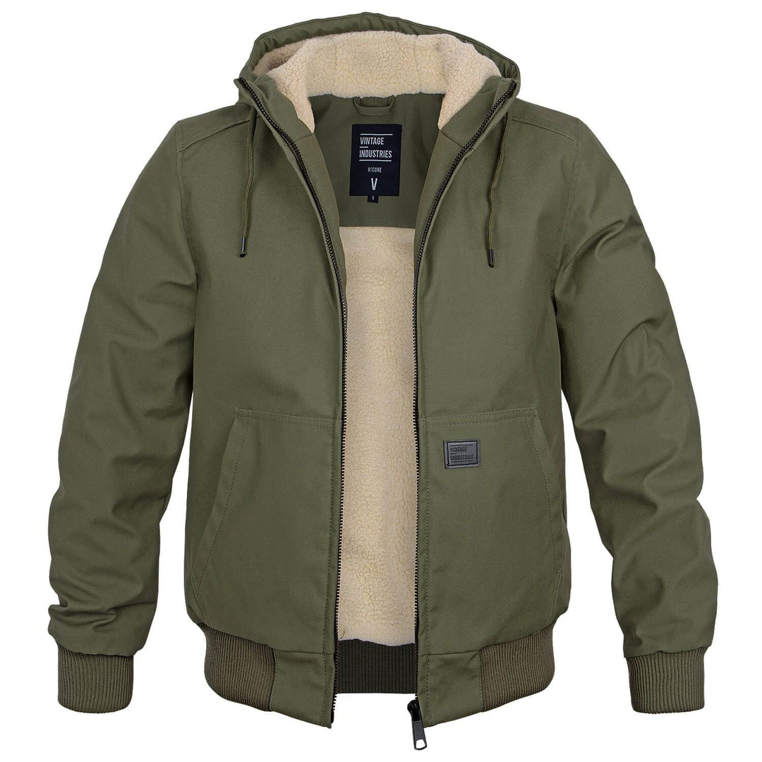 Green jacket with beige lining on a white background