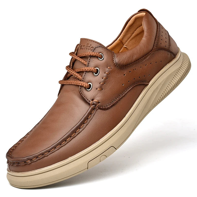 Brown leather shoe with beige sole on a white background