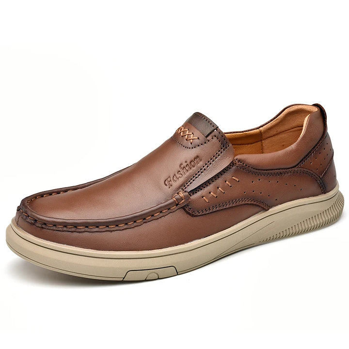 Brown leather shoe with 'Fashion' branding on a white background