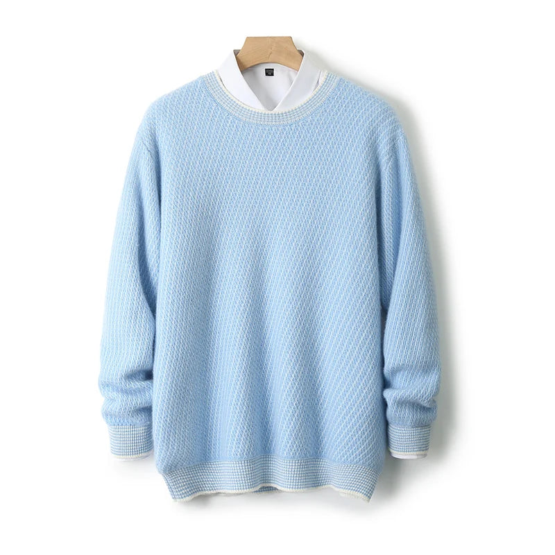 Light blue sweater on a wooden hanger against a white background