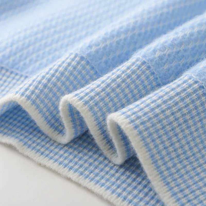 Close-up of a blue and white checkered fabric texture