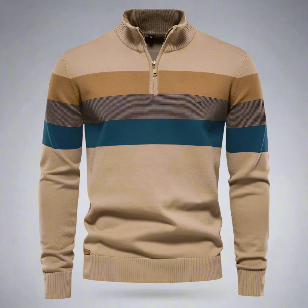 Men’s Quarter-Zip Striped Cotton Sweater