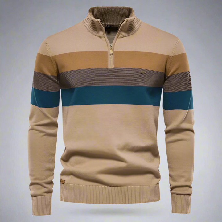 Men’s Quarter-Zip Striped Cotton Sweater