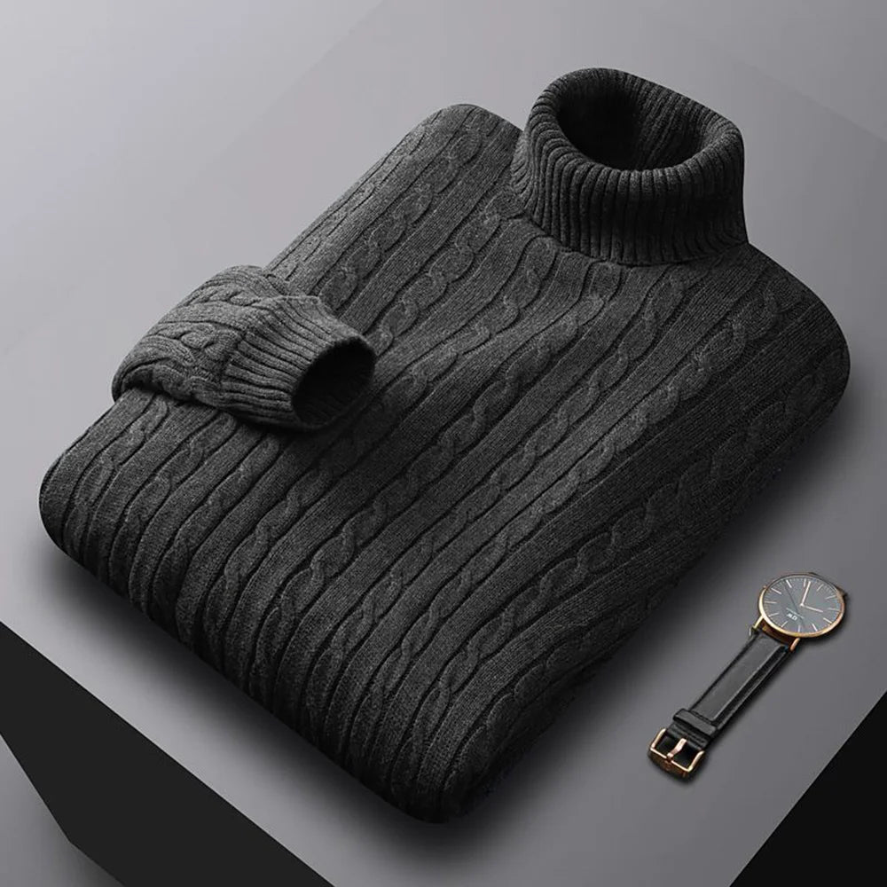 Dark gray ribbed sweater with a matching watch on a gray background