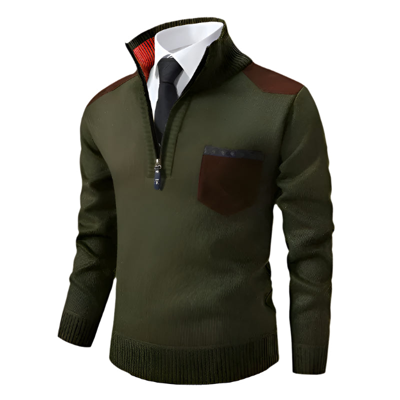 Green sweater with red accents on a white background