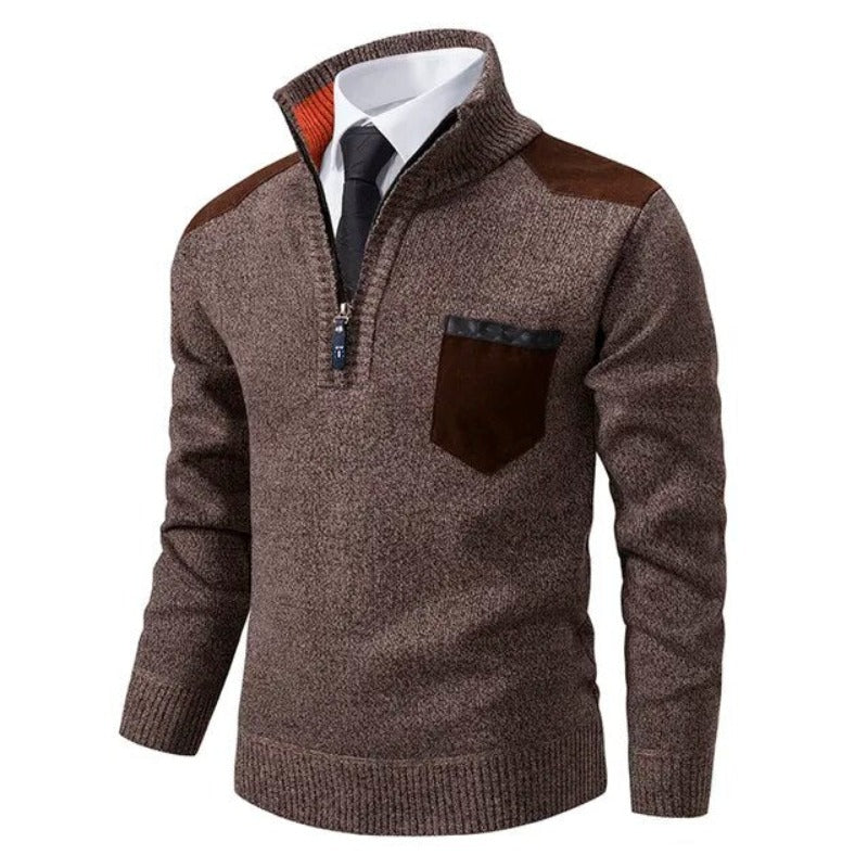 Brown sweater with a collar and pocket on a white background