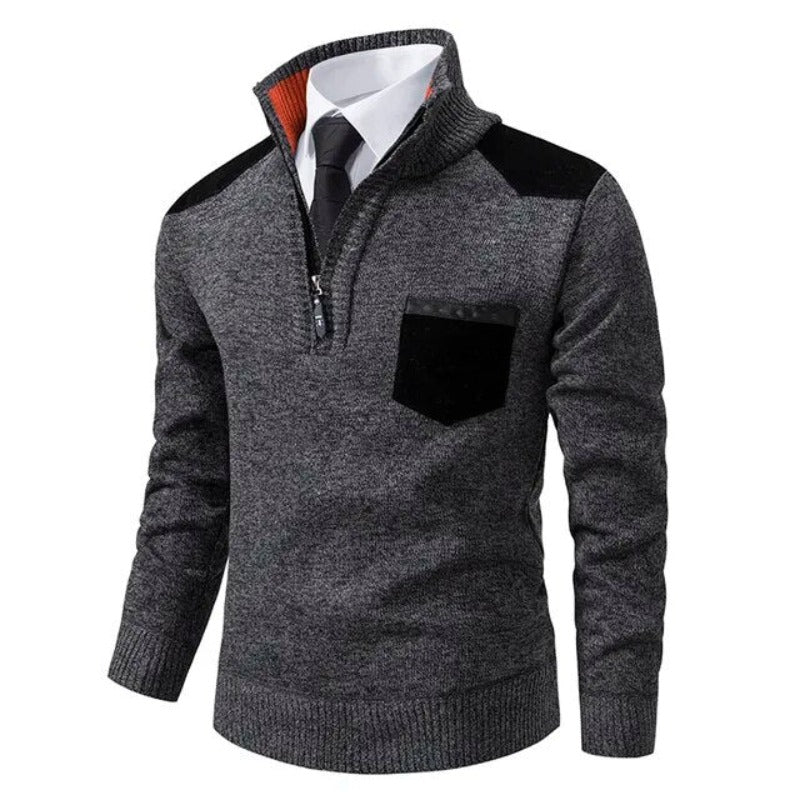 Gray sweater with black accents on a white background