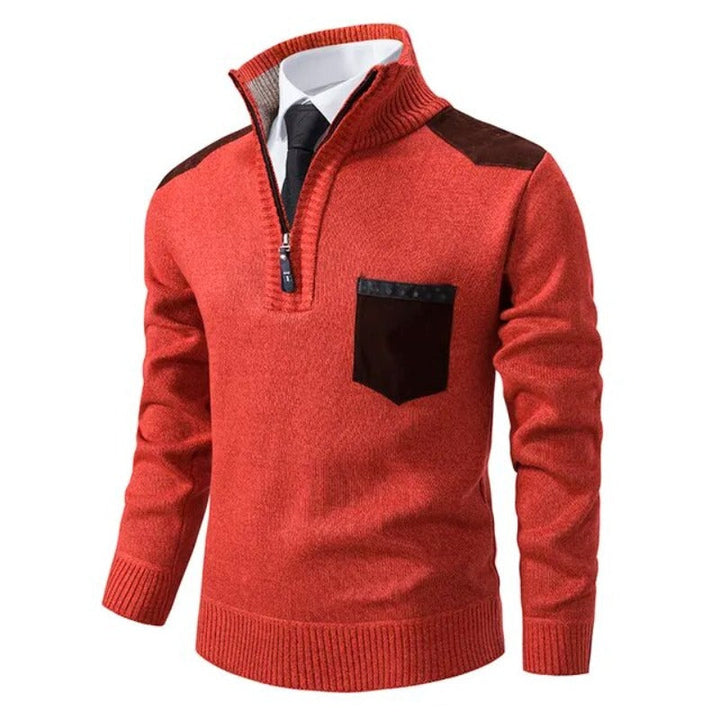Red sweater with black accents on a white background