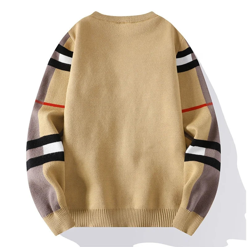 Beige sweater with striped sleeves on a white background