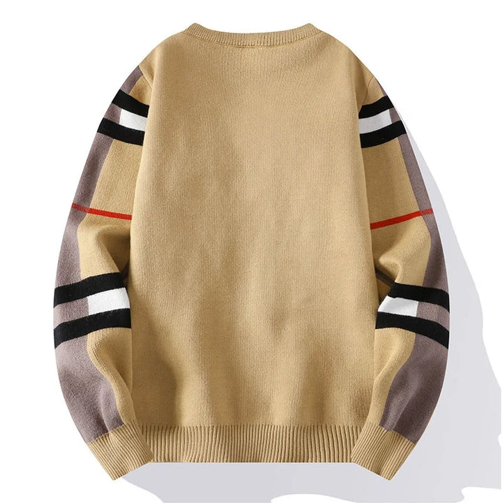 Beige sweater with striped sleeves on a white background