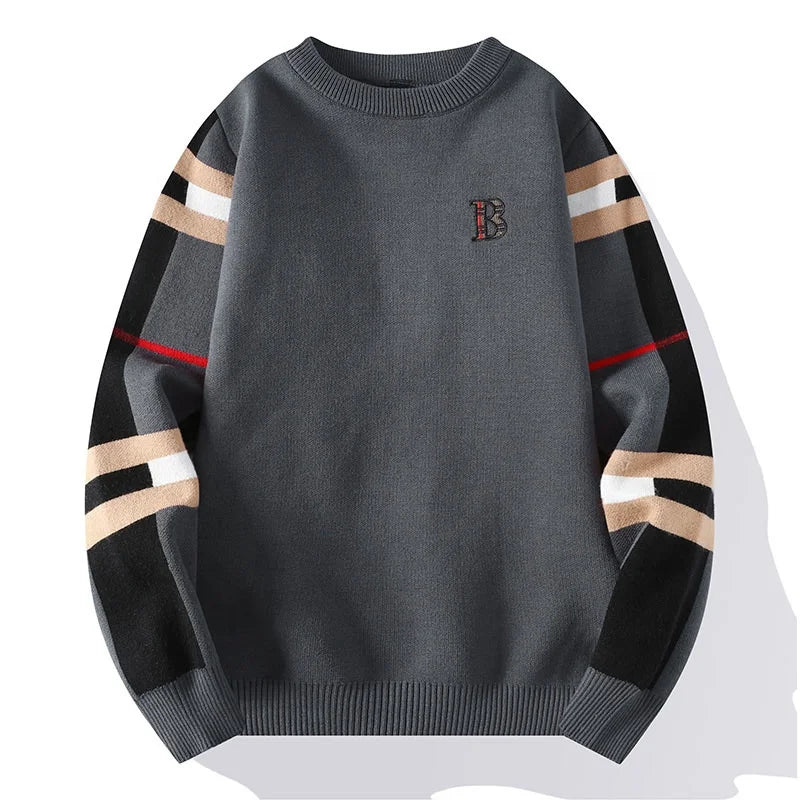 Gray sweater with striped sleeves on a white background