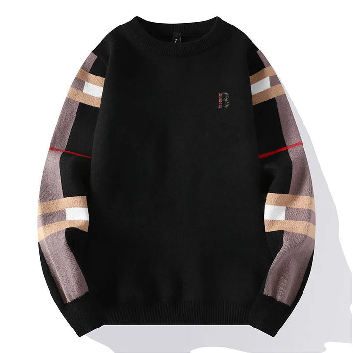 Black sweater with plaid sleeves on a white background