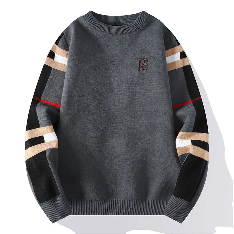 Gray sweater with striped sleeves and a logo on a white background