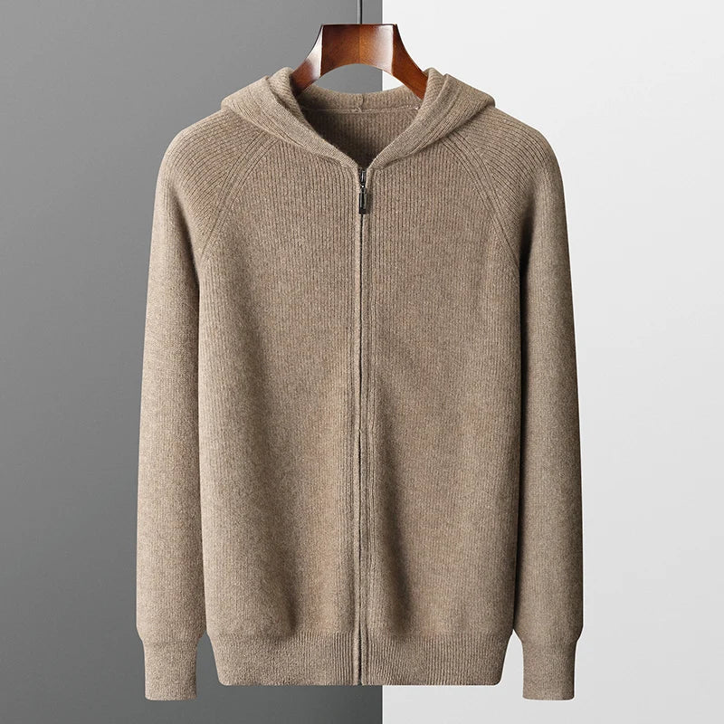 Beige hoodie on a hanger against a gradient background