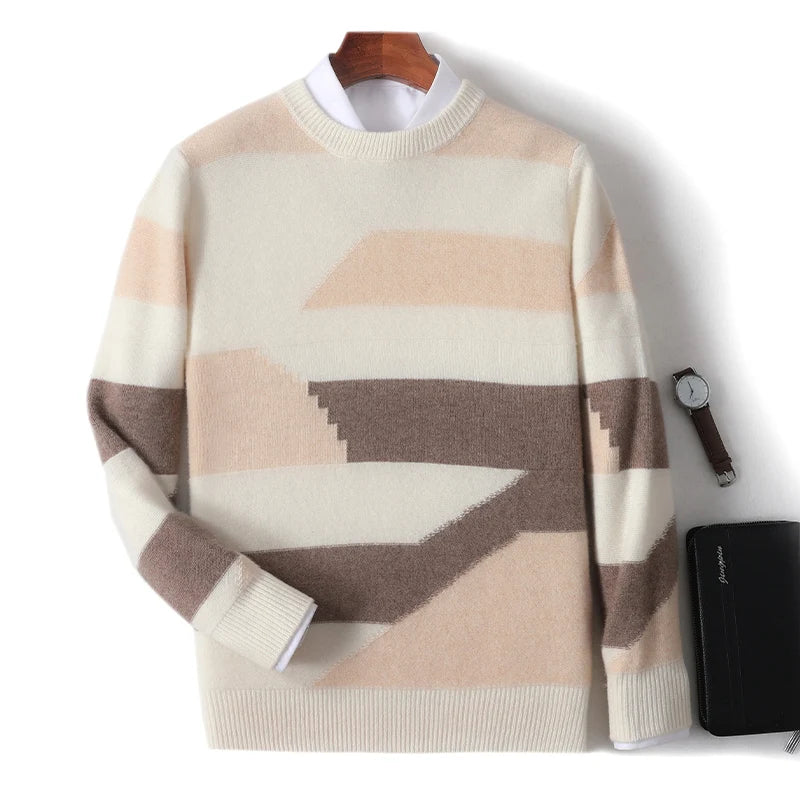Beige and brown patterned sweater on a white background