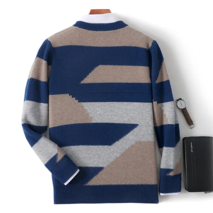 Striped sweater with geometric pattern on a white background
