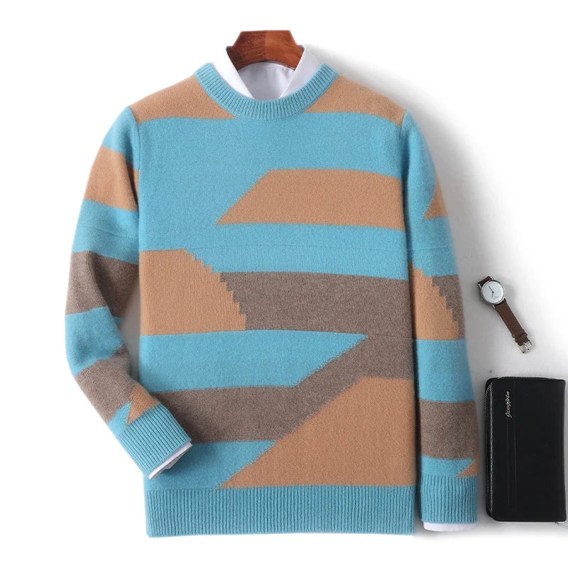 Blue and brown striped sweater on a white background