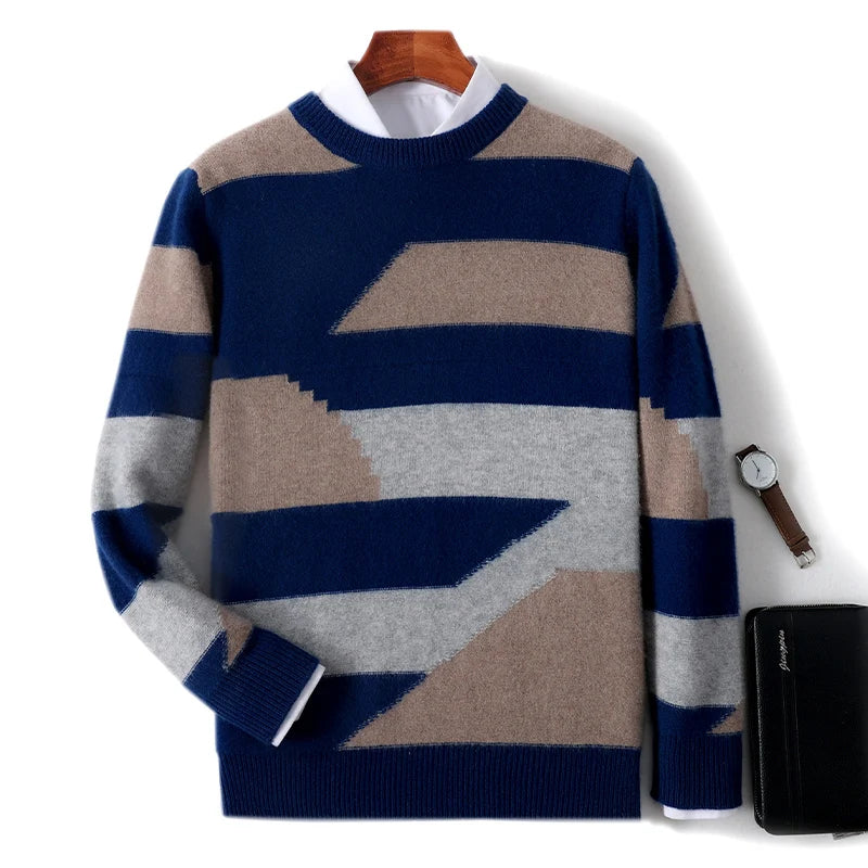 Striped sweater with geometric pattern on a white background