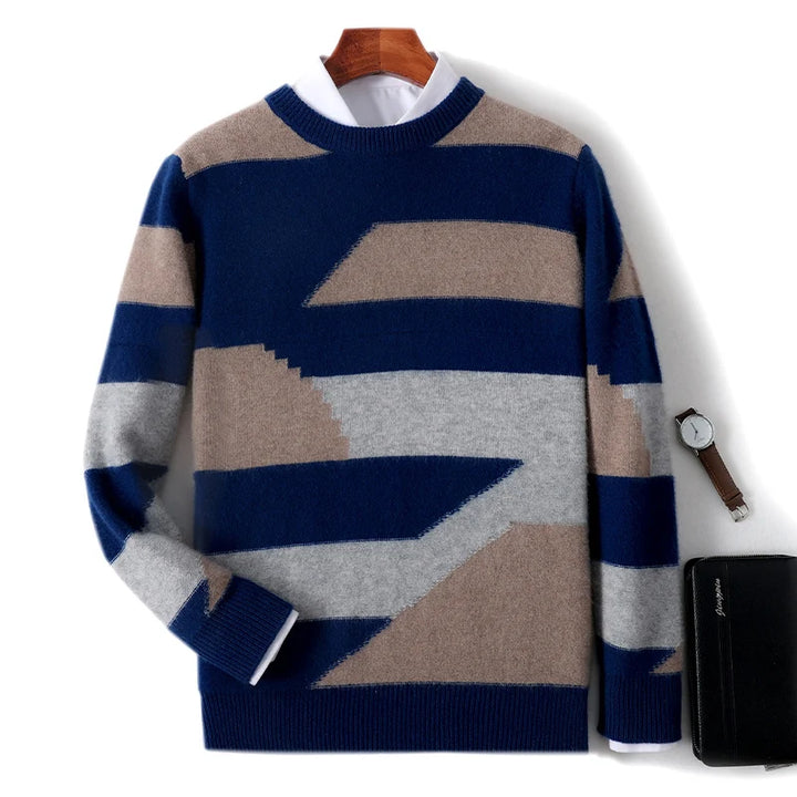 Striped sweater with geometric pattern on a white background