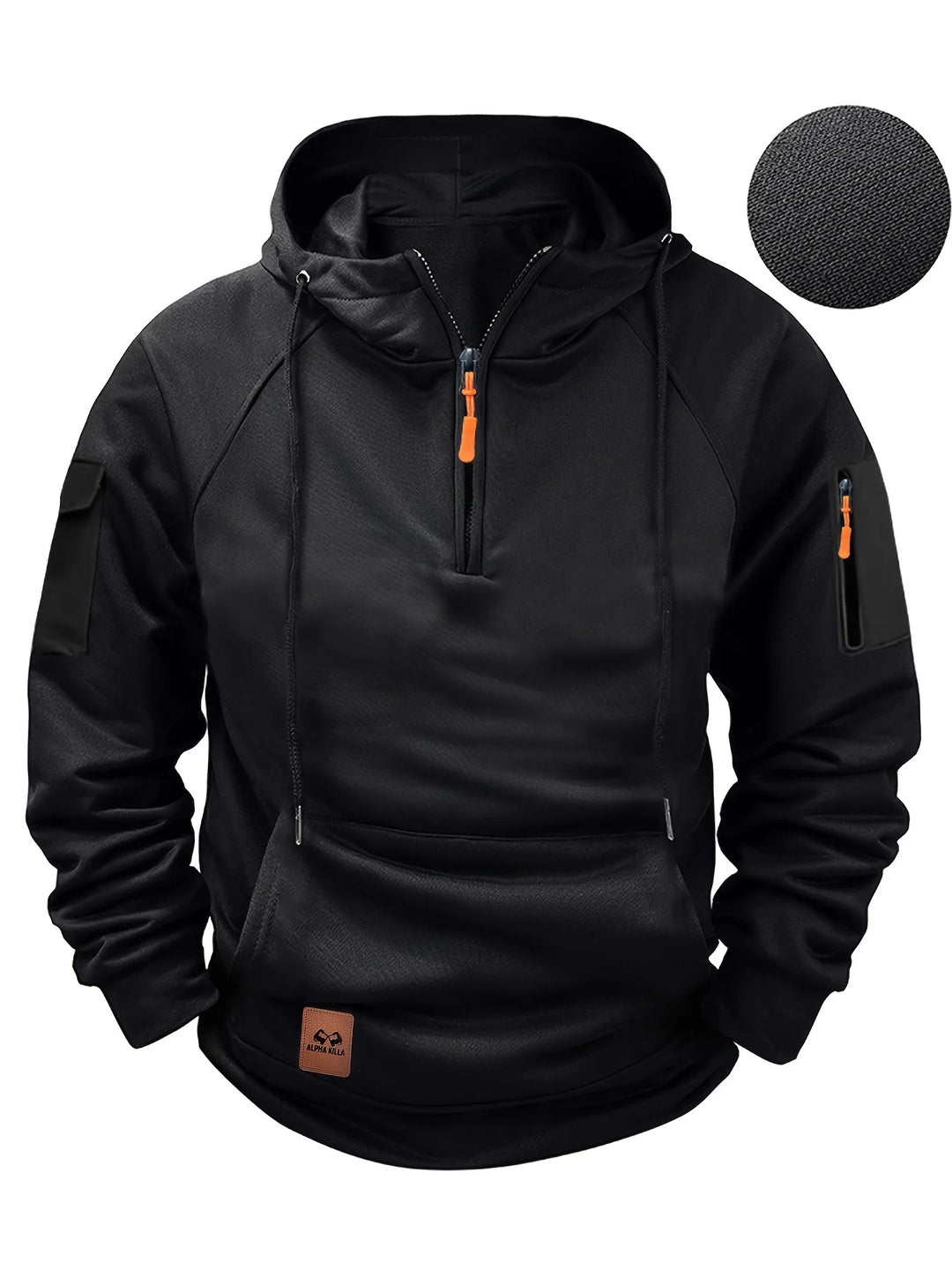 Black hoodie with orange accents on a white background